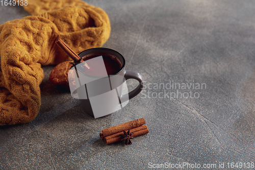 Image of Cup of tea or coffee with cinnamon and cookies isolated on grey and white background. Copy Space for ad, design.