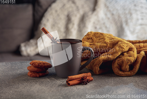 Image of Cup of tea or coffee with cinnamon and cookies isolated on grey and white background. Copy Space for ad, design.