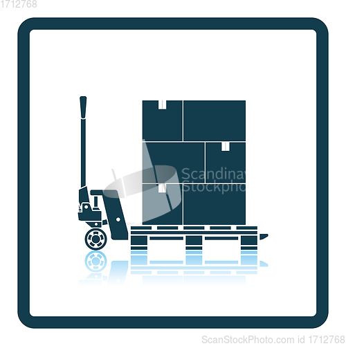 Image of Hand hydraulic pallet truc with boxes icon