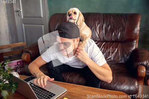 Image of Two best friends young man and American Cocker Spaniel cream colour sitting on sofa at home and using laptop, digital gadgets.