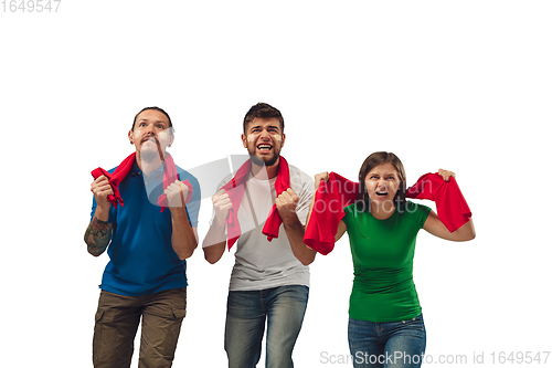 Image of Soccer or football fans cheering for favourite sport team with bright emotions isolated on white studio background