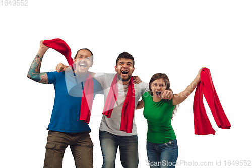 Image of Female and male soccer fans cheering for favourite sport team with bright emotions isolated on white studio background