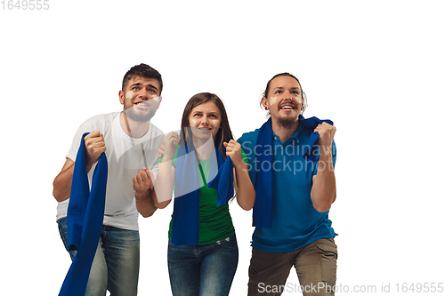 Image of Female and male soccer fans cheering for favourite sport team with bright emotions isolated on white studio background