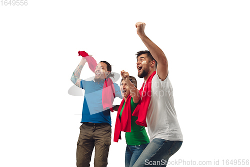 Image of Female and male soccer fans cheering for favourite sport team with bright emotions isolated on white studio background