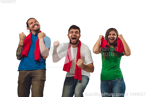 Image of Female and male soccer fans cheering for favourite sport team with bright emotions isolated on white studio background