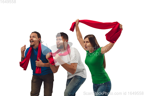 Image of Female and male soccer fans cheering for favourite sport team with bright emotions isolated on white studio background