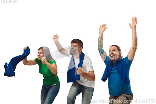 Image of Female and male soccer fans cheering for favourite sport team with bright emotions isolated on white studio background