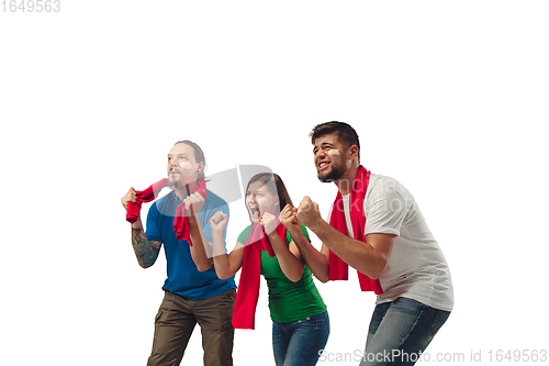 Image of Female and male soccer fans cheering for favourite sport team with bright emotions isolated on white studio background