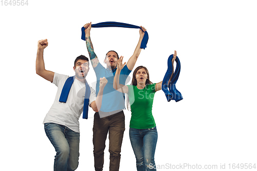 Image of Female and male soccer fans cheering for favourite sport team with bright emotions isolated on white studio background