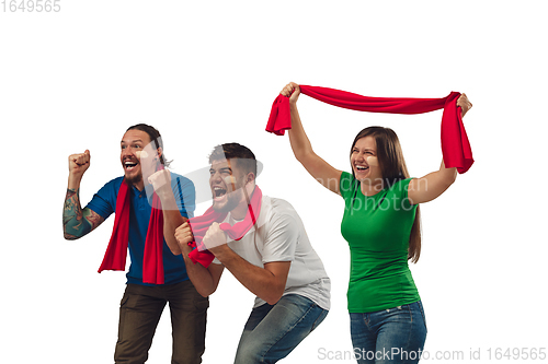 Image of Female and male soccer fans cheering for favourite sport team with bright emotions isolated on white studio background