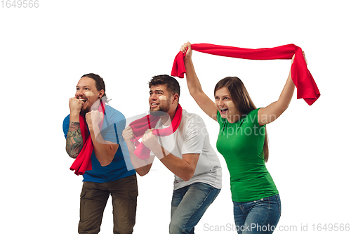 Image of Female and male soccer fans cheering for favourite sport team with bright emotions isolated on white studio background