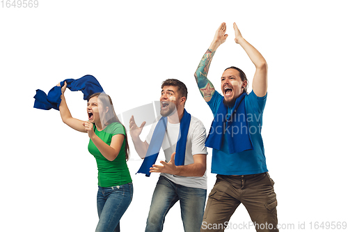 Image of Female and male soccer fans cheering for favourite sport team with bright emotions isolated on white studio background