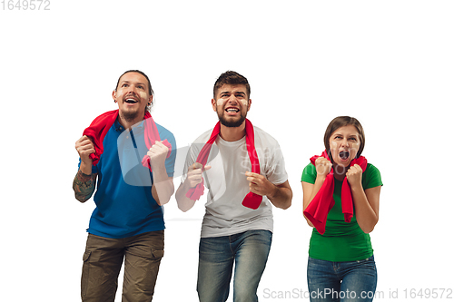 Image of Soccer or football fans cheering for favourite sport team with bright emotions isolated on white studio background