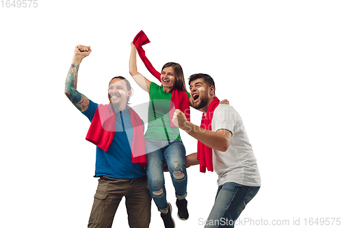 Image of Female and male soccer fans cheering for favourite sport team with bright emotions isolated on white studio background