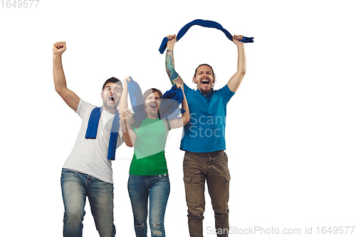 Image of Female and male soccer fans cheering for favourite sport team with bright emotions isolated on white studio background