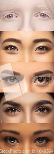 Image of Close up of faces of young women, focus on eyes. Vertical collage