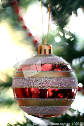 Image of Christmas ornaments on tree.