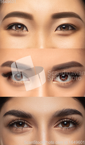 Image of Close up of faces of young women, focus on eyes. Vertical collage