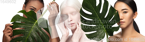 Image of Beautiful face of young women with clean fresh skin. Flyer with copyspace