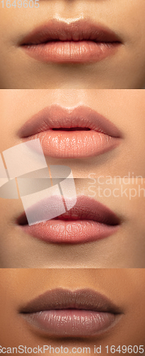 Image of Close up female lips. Vertical collage. Nude makeup. Cosmetology, skin care concept. Flyer for ad.