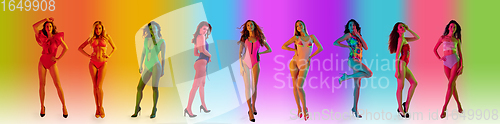 Image of Collage of portraits of young beautiful girls in fashionable multicolored swimsuits on bright gradient background in neon light.