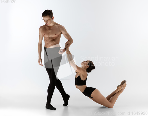 Image of Two graceful ballet dancers man and woman in minimal black style isolated on white studio background