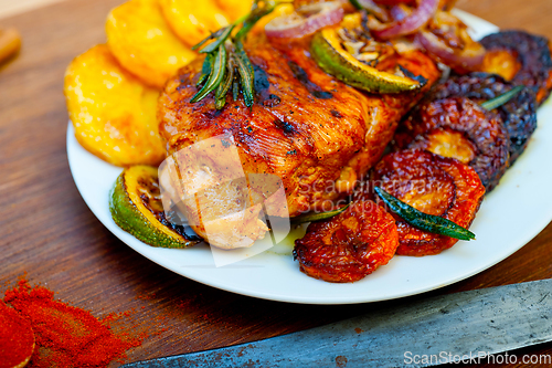 Image of roasted grilled BBQ chicken breast with herbs and spices