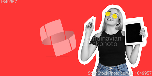 Image of Happy young beautiful girl with device isolated on red and white background. Collage in magazine style. Flyer for ad.