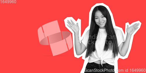 Image of Happy young beautiful girl posing isolated on red background. Collage in magazine style. Flyer for ad, design.