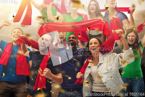 Image of Group of happy fans are cheering for their team victory. Collage made of 9 models.