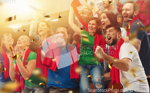 Image of Group of happy fans are cheering for their team victory. Collage made of 12 models.