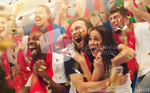 Image of Group of happy fans are cheering for their team victory. Collage made of 8 models.