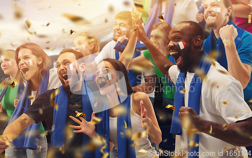Image of Group of happy fans are cheering for their team victory. Collage made of 9 models.