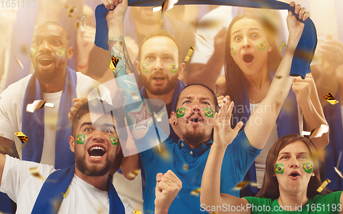 Image of Group of happy fans are cheering for their team victory. Collage made of 8 models.