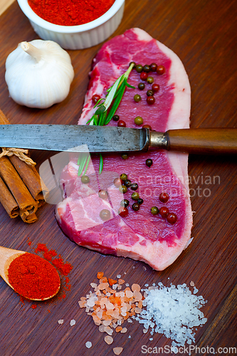 Image of raw uncooked  ribeye beef steak butcher selection