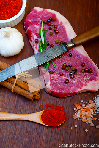 Image of raw uncooked  ribeye beef steak butcher selection