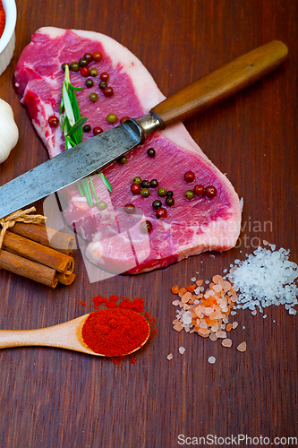 Image of raw uncooked  ribeye beef steak butcher selection