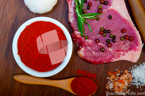 Image of raw uncooked  ribeye beef steak butcher selection