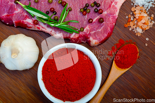 Image of raw uncooked  ribeye beef steak butcher selection