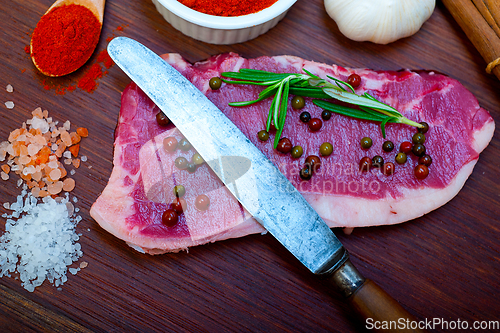 Image of raw uncooked  ribeye beef steak butcher selection