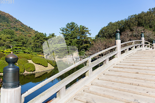 Image of Ritsurin Garden and wooden bridge