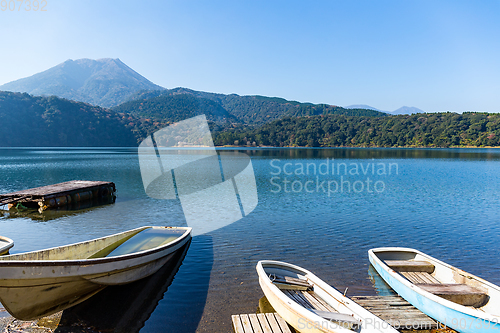 Image of Mount Kirishima and lake with boat