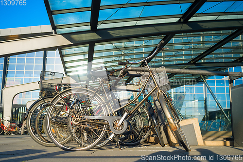 Image of bicycles on parking, sunny Copenhagen