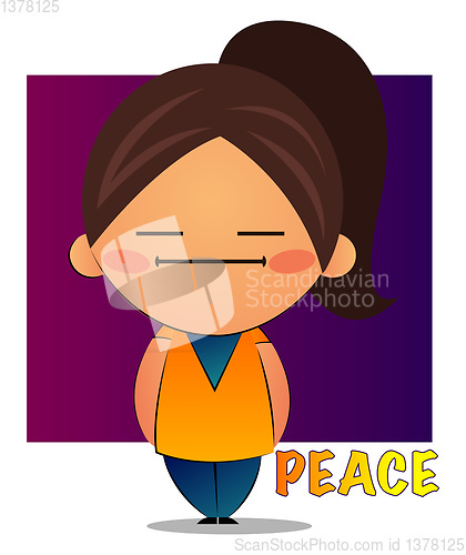 Image of Girl with brown ponytail and purple background feeling peace, il