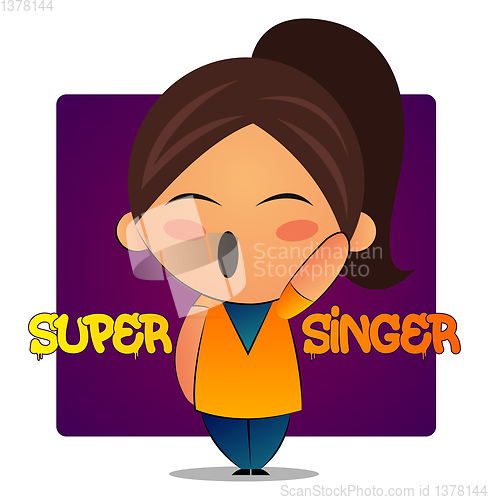 Image of Singing girl with brown ponytail and purple background, illustra