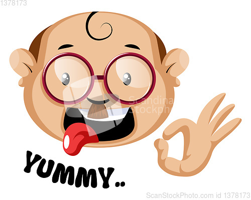 Image of Funny human emoji with a yummy symbol and letters, illustration,