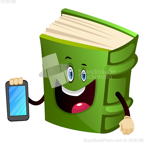 Image of Green book is holding a mobile phone, illustration, vector on wh