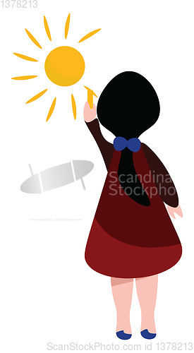 Image of Girl drawing sun, vector or color illustration.
