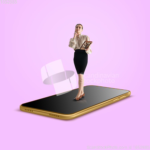 Image of Office worker, businesswoman going on the surface of smartphone\'s screen isolated on background