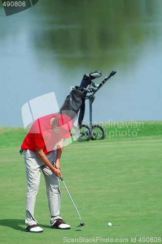 Image of Golfer putting on green golf course